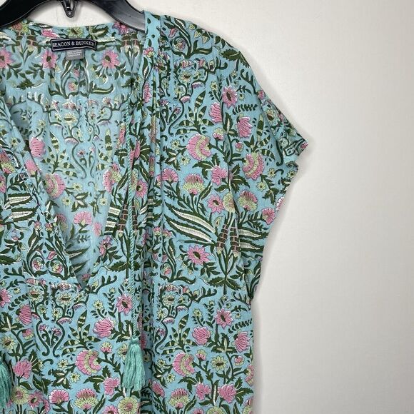 BEACON & BUNKER Shift Dress Women Medium Green Pink Floral Cotton Tassels - Picture 2 of 8